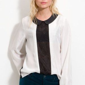 NWT TROUVE WHITE BLACK LACE TRIM SILK BLOUSE